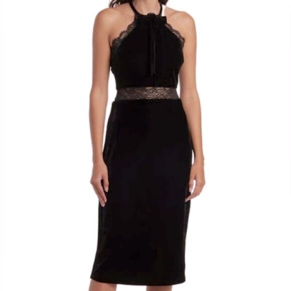 BCBGMaxAzria Black Velvet & Lace Sleeveless Midi Dress w Bow at the Neckline - Picture 1 of 9